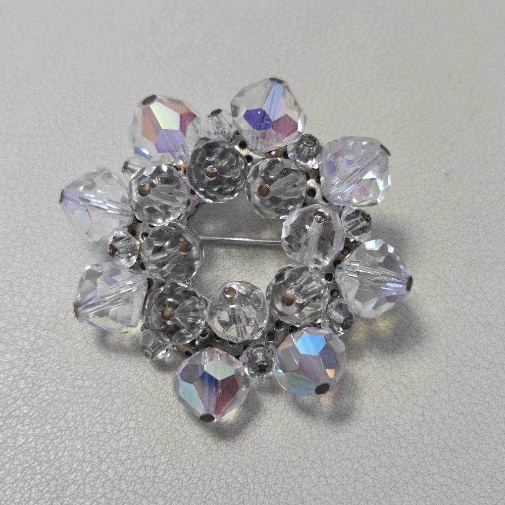 Vintage‎ Unsigned AB Aurora Borealis Wire Bead Beaded Pointed Wreath Brooch Pin